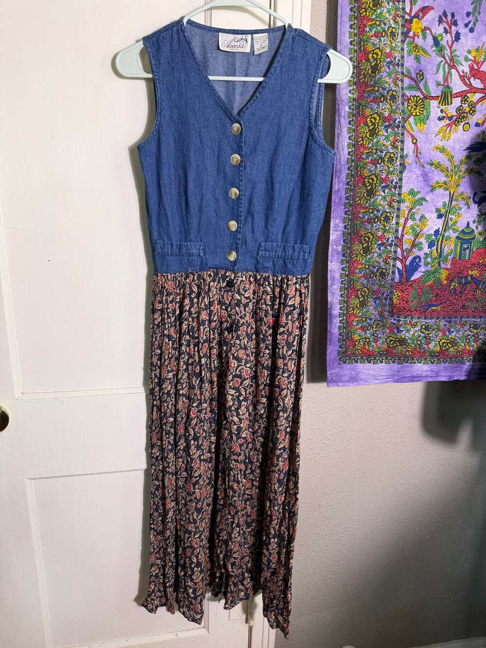Access Petite Denim Floral Maxi Dress 90s Style Prairie Grunge Button Front 6P